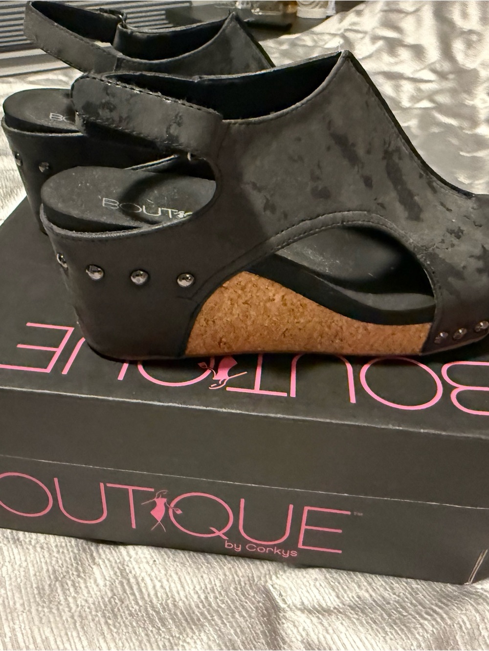Corkys Black Studded Cork Wedge Sandals